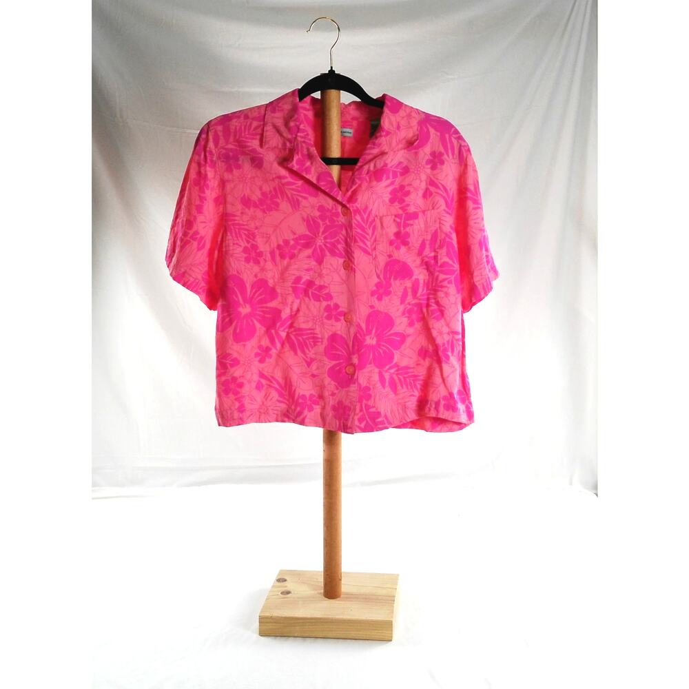 Marsh Landing Petites Pink Hawaiian Floral Button Front Rayon Blouse PM